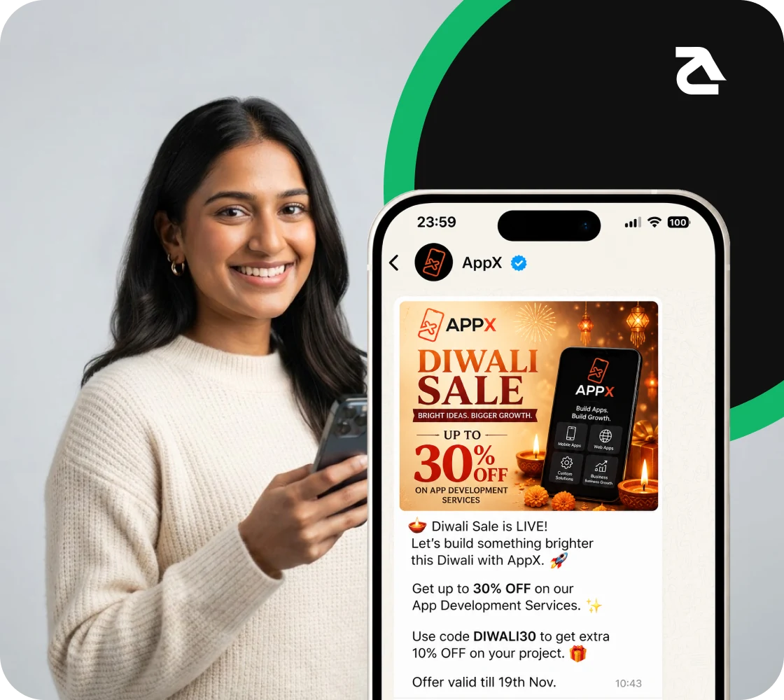 Woman holding a phone showing an AppX Diwali sale broadcast on WhatsApp