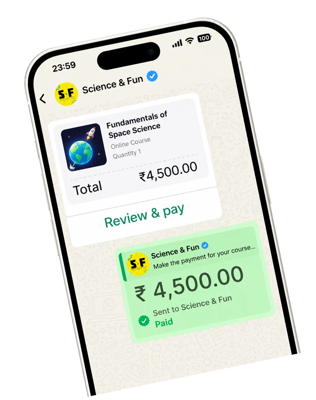 Order payment confirmation template, ₹4,500 paid inside WhatsApp